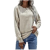 Womens Crew Neck Button Down Sweater Long Sleeve Pullover Sweater Classic-Fit Lightweight Soft Knit Jumper Top