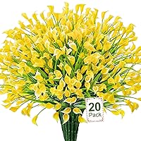 20 Bundles Artificial Flowers for Outdoors Fake Calla Lily Flowers Faux Plastic Plants UV Resistant Spring Summer Flowers for Garden Porch Patio Office Window Box Table Home Decorations, Yellow