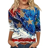 Womens Tops 3/4 Sleeves Dressy Casual 4Th of July Crewneck Red White Blue Shirts Flag Graphic Tees Plus Size Blouses