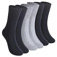 Non-Binding Diabetic Crew Socks, Women Loose Top Cushioned Moisture Wicking Cotton Seamless Non Slip Soft Anti-sweat Dress Comfortable Socks, 6 Pairs Black+Grey+Navy Blue Medium