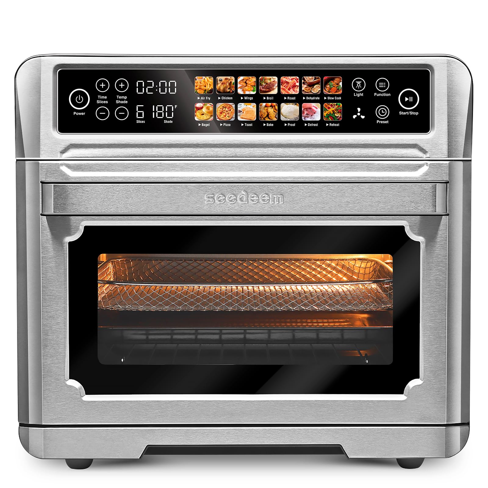 SEEDEEM Air Fryer Toaster Oven, 25L Countertop Convection Oven with Color LCD Display and Touch Screen, 14-in-1 Functions, Stainless Steel Smart Oven with Preset and Timer, Silver Metallic