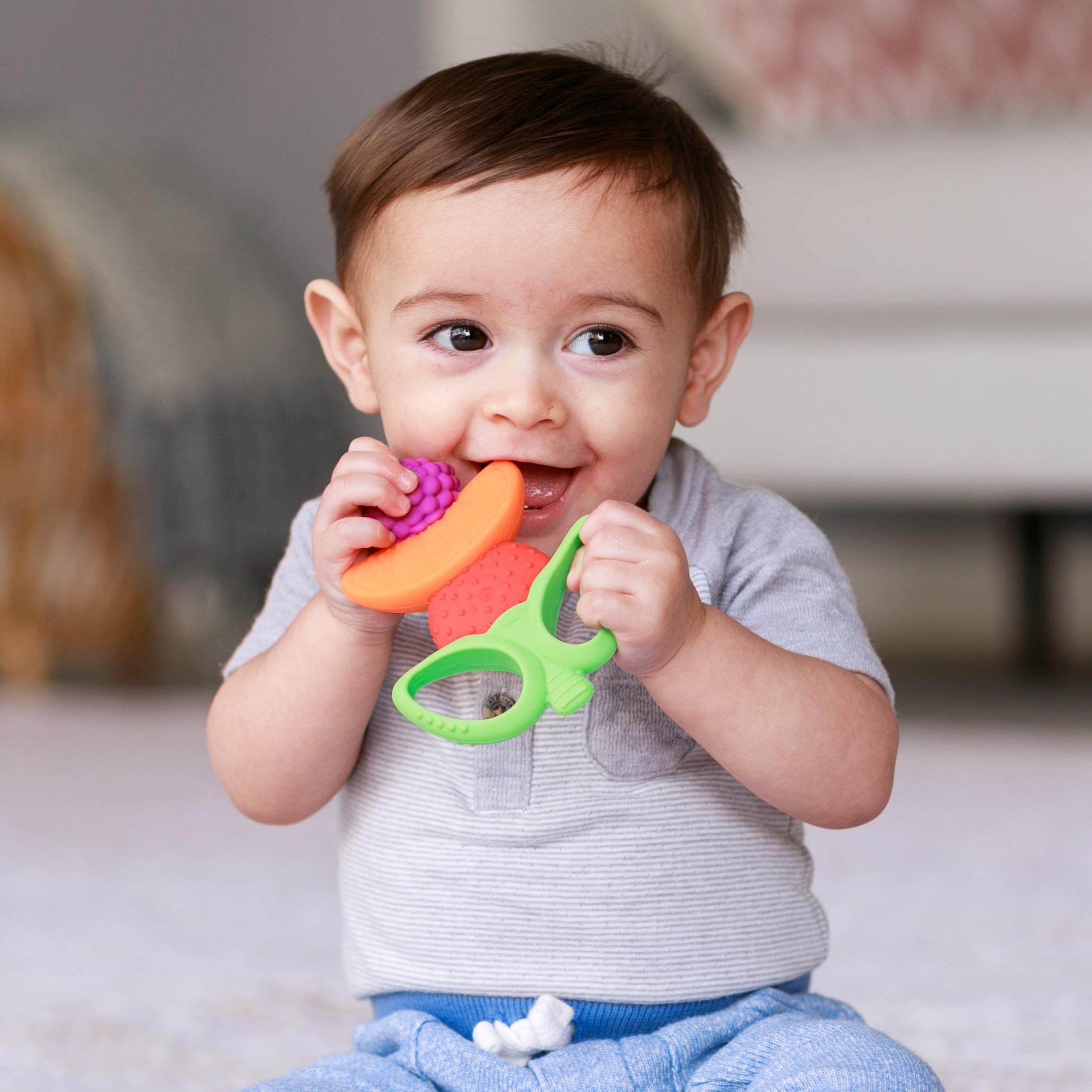 Infantino Lil' Nibbles Textured Silicone Teether -Sensory Exploration and Teething Relief with Easy to Hold Handles, Multicolor Fruit Kabob