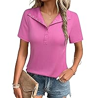 MCKOL Women's Short Sleeve Tops Casual V Neck Button Polo Shirts Summer Knit Blouses