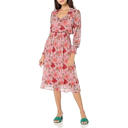 Tommy Hilfiger Women's Petite Long Sleeve Smocking Detail Chiffon Fabric Dress, Samba Multi