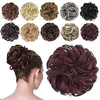 FESHFEN Messy Bun Hair Piece Hair Bun Scrunchies Synthetic Wine Red Wavy Curly Burgundy Chignon Ponytail Hair Extensions Thick Updo Hairpieces for Women Girls 1PCS