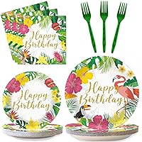 96PCS Tropical Birthday Tableware Hawaiian Aloha Party Supplies for 24 Guests Disposable Decorations Dinnerware Plates Napkins Forks for Tropical Birthday Theme Baby Shower Summer Pool Party Favors