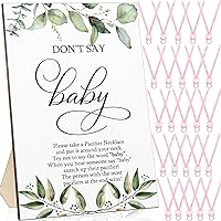 51 Pcs Don't Say Baby Game Sign Cool Baby Shower Game 50 Baby Shower Pacifier Necklace Wooden Don't Say Baby Sign Plastic Baby Pacifier Party Favor for Gender Reveal (Pink,Greenery)