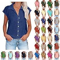 Womens Short Sleeve Button Down Shirt Collared V Neck Blouse Summer Cotton Linen Tops Loose Fit Casual Dressy Clothes