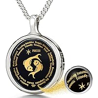 Pisces Necklace Zodiac Pendant for Birthdays 19th February to 20th March with Star Sign and Personality Characteristics Inscribed in 24k Gold on Round Black Onyx Gemstone, 18
