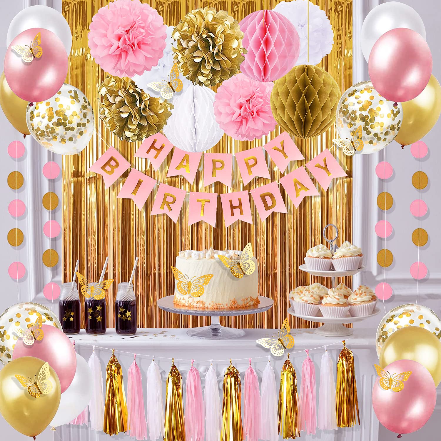 Pink and Gold Birthday Party Decorations for Women with Happy Birthday Banner,Curtains, Butterfly Wall,Circle Dots Garland,Tissue Pompoms,Paper Tassels Garland Birthday for Her