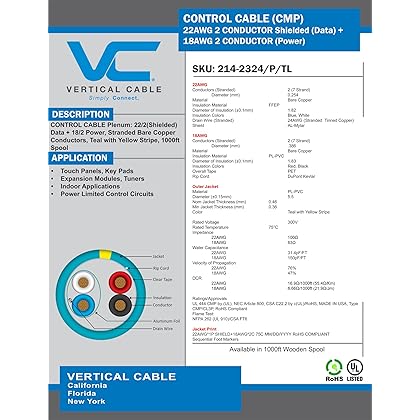 Vertical Cable Control Cable Plenum: 22AWG/2 (Shielded) Data + 18AWG/2 Power, Stranded Bare Copper Conductors, Teal with Yellow Stripe, 1000ft