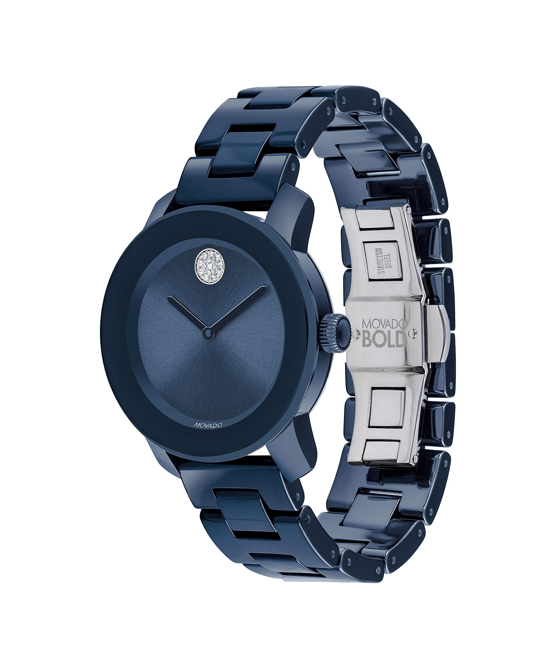 Movado Women's Bold Ceramic Blue Case and Bracelet with Blue Sunray Dial, Crystal Pave Dot, Blue