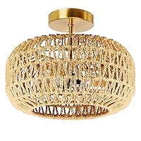 Rattan Ceiling Light Fixtures, 3-Light 12.6 Inch Antique Brass Handmade Woven Boho Semi Flush Mount Ceiling Light for Bedroom, Kitchen, Living Room