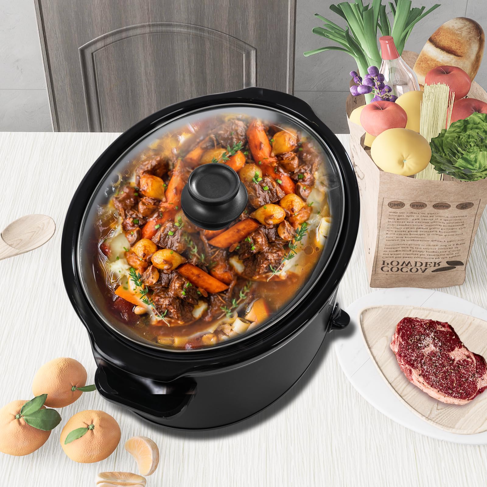 Magnifique 7 Quart Slow Cooker Oval Manual Pot Food Warmer with 3 Cooking Settings, Black Stainless Steel
