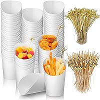 250 Pcs Charcuterie Cups with Cocktail Picks Set 50 Pcs 12 oz French Fries Cups White Disposable Wedding Food Paper Cones Take-out Party Waffle Popcorn Boxes and 200 Pcs 2 Types Bamboo Skewer for Food