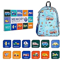 Wildkin 15-inch Backpack and Transportation Memory Matching Game (36 pc) Bundle: Boost Memory Educational Card, and Comfortable Kids Backpack (Firefighters)