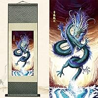 Newscz Asian Wall Art for Living Room Silk Scroll Painting Art Poster Oriental Decor Azure Dragon Playing with Water Chinoiserie Decor Wall Art Mural Vertical Wall Scroll 39 by 12 in