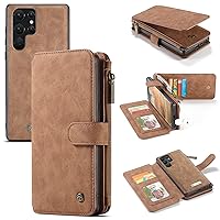 Cell Phone Flip Case Cover Wallet Case for Samsung Galaxy S22 Ultra 5G 2 in 1 Leather Zipper Detachable Magnetic 14 Card Slots,Clutch Bag Leather Wallet Holster (Color : Brown)