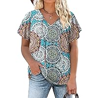 IN'VOLAND Women's Plus Size Blouses Short Sleeve Floral Shirts V Neck Tunics Summer Hollow Tops