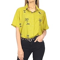 LA LEELA Women's Summer Casual Short Sleeve Blouse Shirt Solid Blouses Button Up Dress Tee Shirts Hawaiian Tops for Women XL Plus-Size Mustard_X520