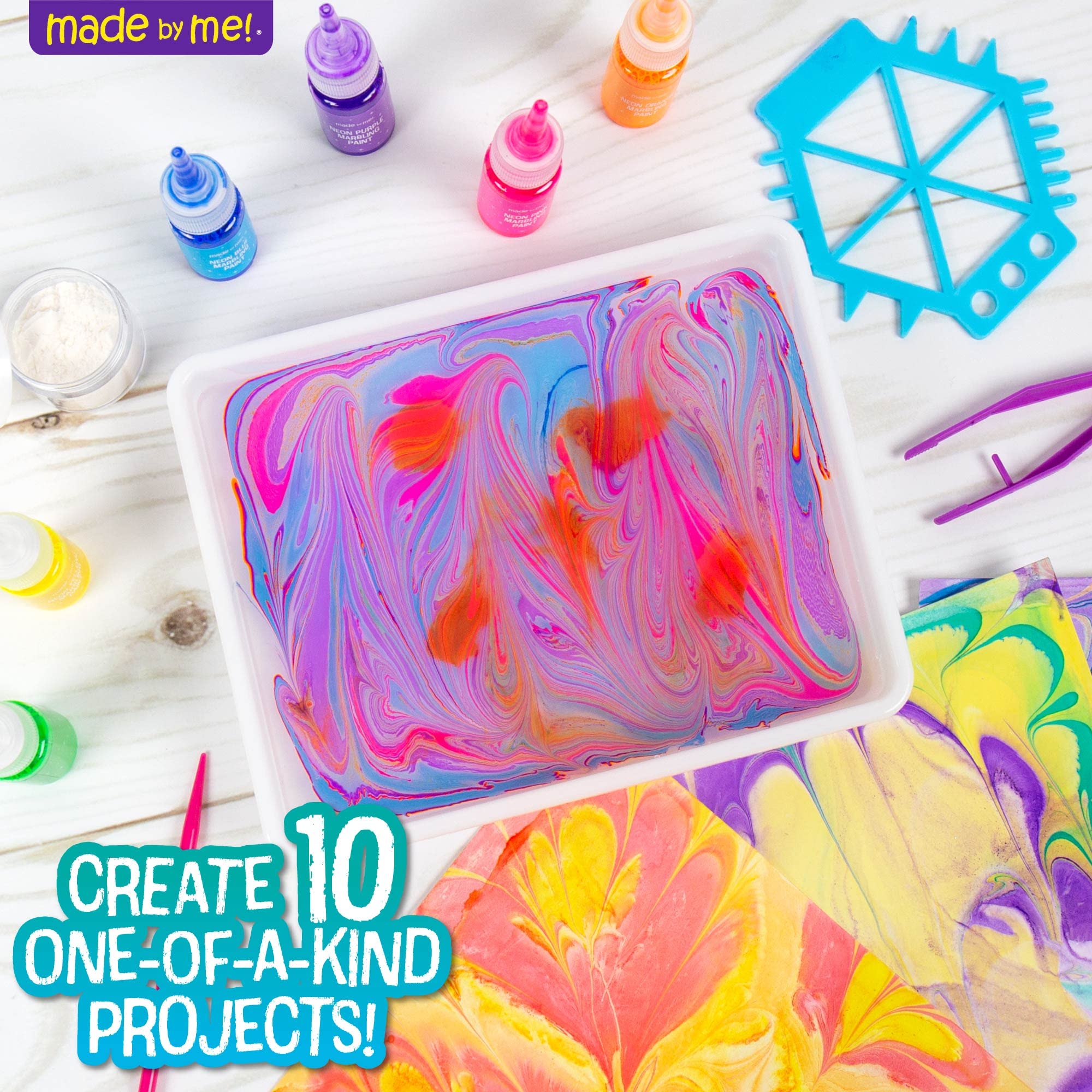 Made By Me Marbling Paint Studio, 25-Piece Marbling Kit for Kids, Make 10 Pour Paint Art Projects, Dip & Paint Marbling Arts & Crafts Kits for Kids, Less Mess Pour Paint for Ages 6, 7, 8 & 9, Fun Gift
