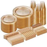 600 Piece Gold Glitter Disposable Plates for 100 Guests, Plastic Plates for Party, Wedding, Dinnerware Set of 100 Dinner Plates, 100 Salad Plates, 100 Spoons, 100 Forks, 100 Knives, 100 Cups