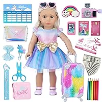 XFEYUE 32 pcs American Doll Clothes and Accessories 18 Inch Doll Luggage and School Play Set - Suitcase, School Sets, Camera, Handbag, Sungalsses, Fit 18 inch Girl Doll