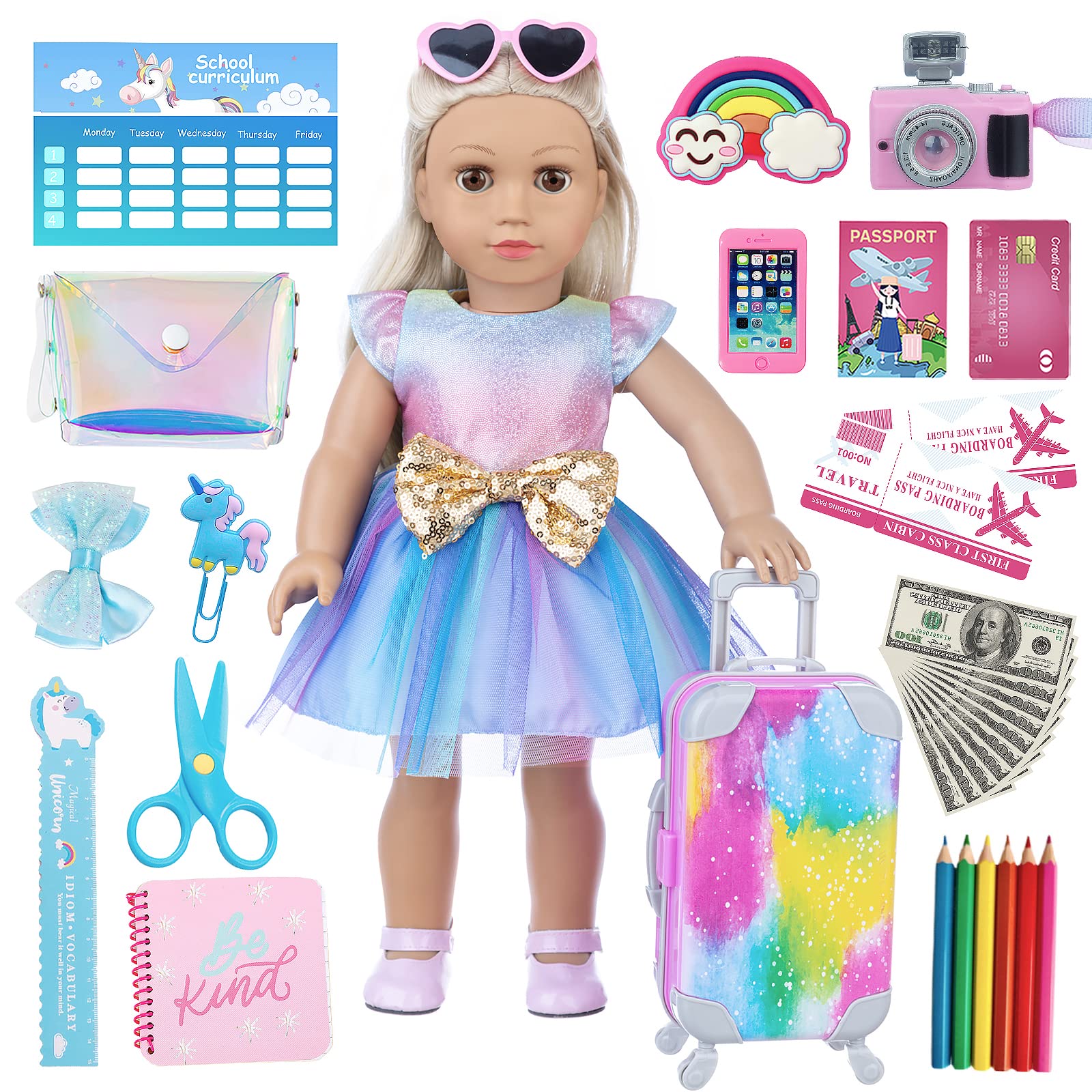 XFEYUE 32 pcs American Doll Clothes and Accessories 18 Inch Doll Luggage and School Play Set - Suitcase, School Sets, Camera, Handbag, Sungalsses, Fit 18 inch Doll
