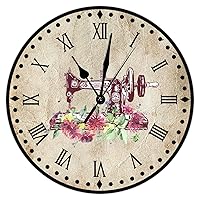 Floral Sewing Machine Wood Wall Clocks Tailors Sewing Large Wall Clock 10inch Abstract Silent Non-Ticking Battery Operated Wood Print Wall Clock for Living Room Craft Room Decor Home Kitchen