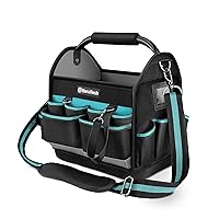 DURATECH 12 Inch Tool Tote with Waterproof Hard Bottom, Electrician Tool Bag with Rotating Handle, Open Top Tool Bag Wide Mouth Multi-Pockets, Tool Bag Tote for Mechanic Plumber Electrician HVAC