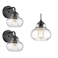 ELYONA Modern Wall Sconces Set of 2 with Hand Blown Bubble Glass Shade &Pendant Light with Handblown Industrial Seeded Glass Shade for Farmhouse Dining Room Bar Bedroom Living Room