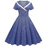 IKADEX Women 50s 60s Retro Rockabilly Swing Sailor Dress Polka Dot Lapel V-Neck Cocktail Party Tea Dresses