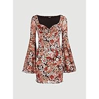 Women Dresses Bell Sleeve Twist Front Allover Floral Mesh Dress (Color : Multicolor, Size : Small)