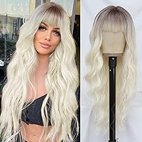 NAYOO Long Platinum Blonde Wigs with Bangs for Women White Wig Curly Wavy Hair Wigs Heat Resistant Synthetic Fiber Wigs for Daily Party Use 26 Inches (Platinum Blonde)