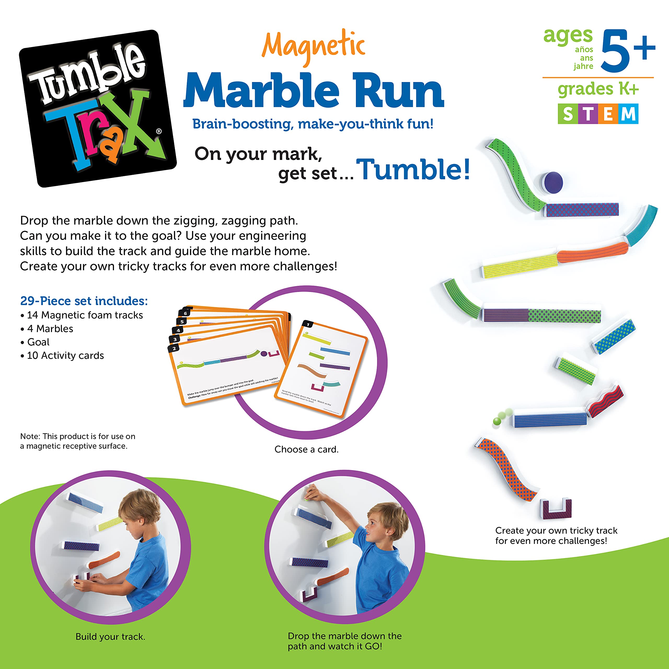Learning Resources Tumble Trax Magnetic Marble Run, STEM Toy, 28 Piece Set, Ages 5+,Multi-color,5