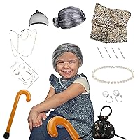 Old Lady Costume for Kids, 100th Day of School Grandmother Dress Up Plastic Wig Accessories Set