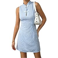 Women's Dresses Mandarin Collar Frog Button Detail Fitted Dress Dress for Women (Color : Baby Blue, Size : Small)