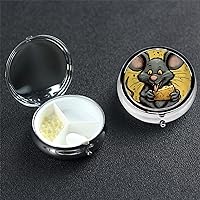 Pill Case Round Pill Box Pill Organize with 3 Compartment Rat Eats a Piece of Cheese Medicine Organizer Box Waterproof Small Pill Case for Travel Metal Pill Containers for Medication Planner