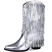 Womens Fringe Metallic Cowboy Boots Pointed Toe Chunky Hell Tassel Mid Calf Boots