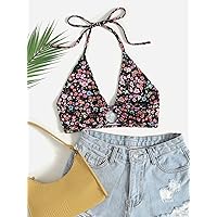 Ditsy Floral Print Ring Linked Crop Halter Top (Color : Multicolor, Size : X-Large)