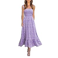 Imily Bela Womens Summer Dress Tie Strap Boho Floral Beach Dress Square Neck Ruffle Sun Dresses A Line Smocked Maxi Dress