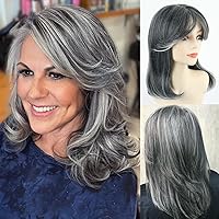 Aisaide Silver Wig Ombre Gray Wavy Bob Wig with Curtain Bangs Ombre Grey Straight Bob Wig for Women Synthetic Silver Medium Length Highlight Bob Wig with Bangs for Daily Party Use