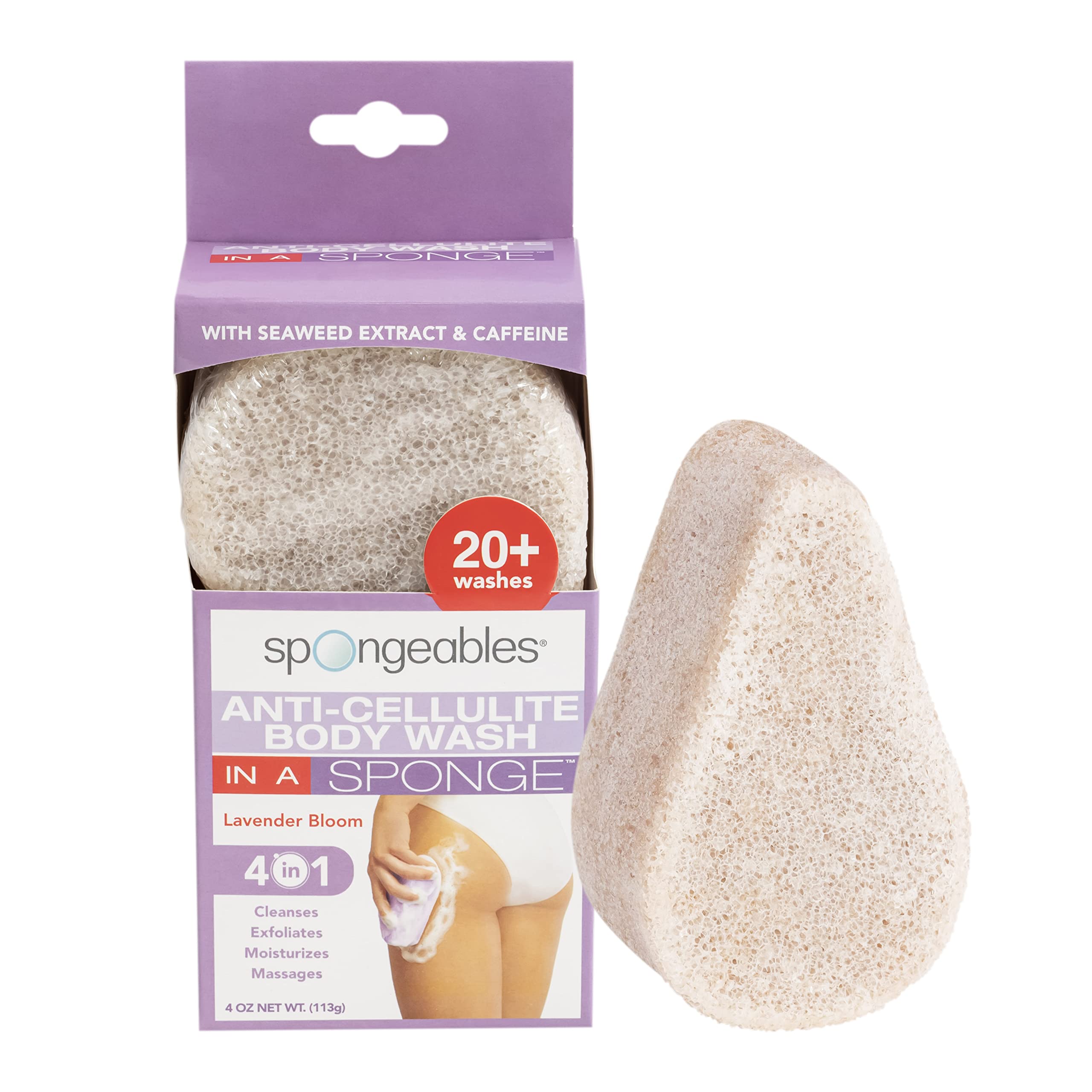 Spongeables Anti-Cellulite Body Wash in a Sponge, Scent, Spa Cellulite Massager, Moisturizer and Exfoliator, 20+ Washes, 4oz Sponge, Lavender, 1 Count