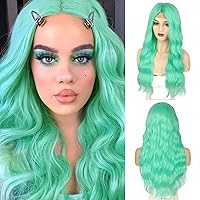Mint Green Wigs for Women Long Middle Part Wavy Wig for Daily Party Use Long Curly Synthetic Heat Resistant Fiber Wigs