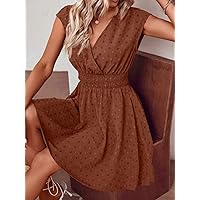 Dresses for Women Swiss Dot Surplice Neck Dolman Sleeve Dress (Color : Rust Brown, Size : Medium)