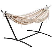 Amazon Basics Double Hammock with 9-Foot Space Saving Steel Stand and Carrying Case, 450 lb Capacity, Beige Stripe with Lace, 110 x 47 x 43 inches