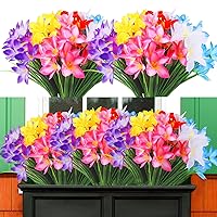 Artificial Fake Flowers for Outdoors Spring Decoration, 12 Bundles UV Resistant Faux Plastic Fabric Flowers Lily Plants for Indoor Outdoor Garden Porch Entryway Window Box Pot Planter Decor