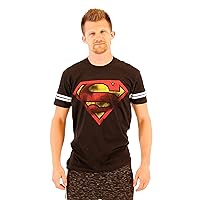 Superman Distressed Logo with Striped Sleeves Black Adult T-Shirt Tee