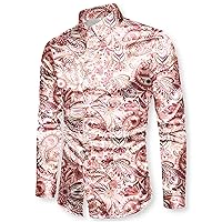 QZH.DUAO Mens 70s Disco Linen Shirts Casual Paisley Tops Floral Vintage Long Sleeve Shirt