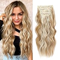 NAYOO Clip in Curly Hair Extensions 4PCS Light Brown Mixed Blonde Long Wavy Synthetic Thick Hairpieces with Fiber Double Weft for Women Hair Full Head（20 inch, Light Brown Mixed Blonde）